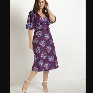 Eloquii 20 Purple Floral Print Puff Sleeve Midi Dress Plus Size NEW